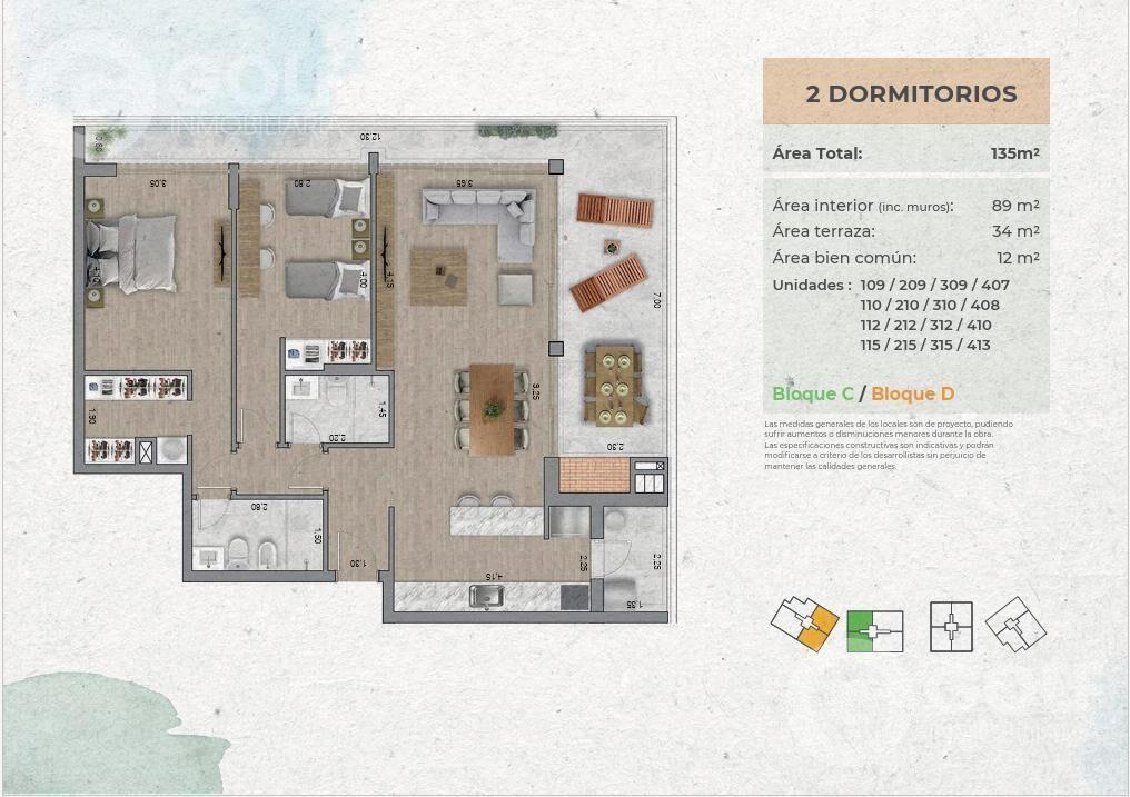 Venta apartamento de 2 dormitorios con terraza parrillero e