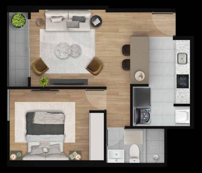 Apartamento moderno con amplios ventanales y diseño de concepto abierto — Concepto Unity Park