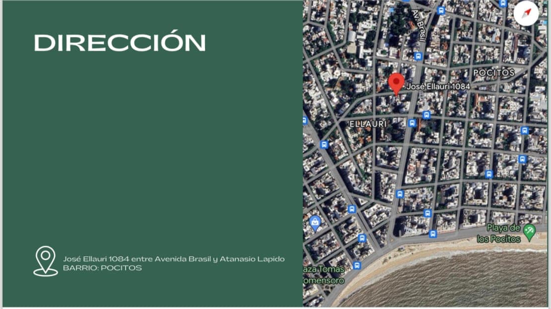 This image shows a location map for a property listing rather than an interior or exterior property photo. The map displays an aerial view of the Pocitos neighborhood in what appears to be Montevideo, Uruguay, with the specific address marked at José Ellauri 1084, located between Avenida Brasil and Atanasio Lapido. The map includes street layouts, nearby landmarks like "Playa de los Pocitos" (beach), and navigation markers indicating the property's position in this residential coastal area.
WATERMARK: Real estate agency branding visible in map interface design