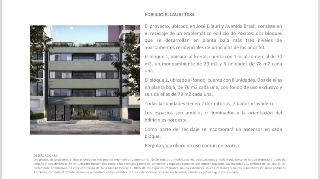 # Edificio Ellauri 1084 - Residential Building Exterior
This is a modern residential building facade featuring a contemporary design with a light sage-green and dark charcoal color scheme. The four-story structure showcases clean horizontal lines, large windows with metal railings, and integrated greenery on the sides, presenting a well-maintained and architecturally refined appearance. The building is located on José Ellauri and Avenida Brasil and includes commercial space on the ground floor, with residential units featuring 2 bedrooms, 2 bathrooms, and laundry areas throughout.