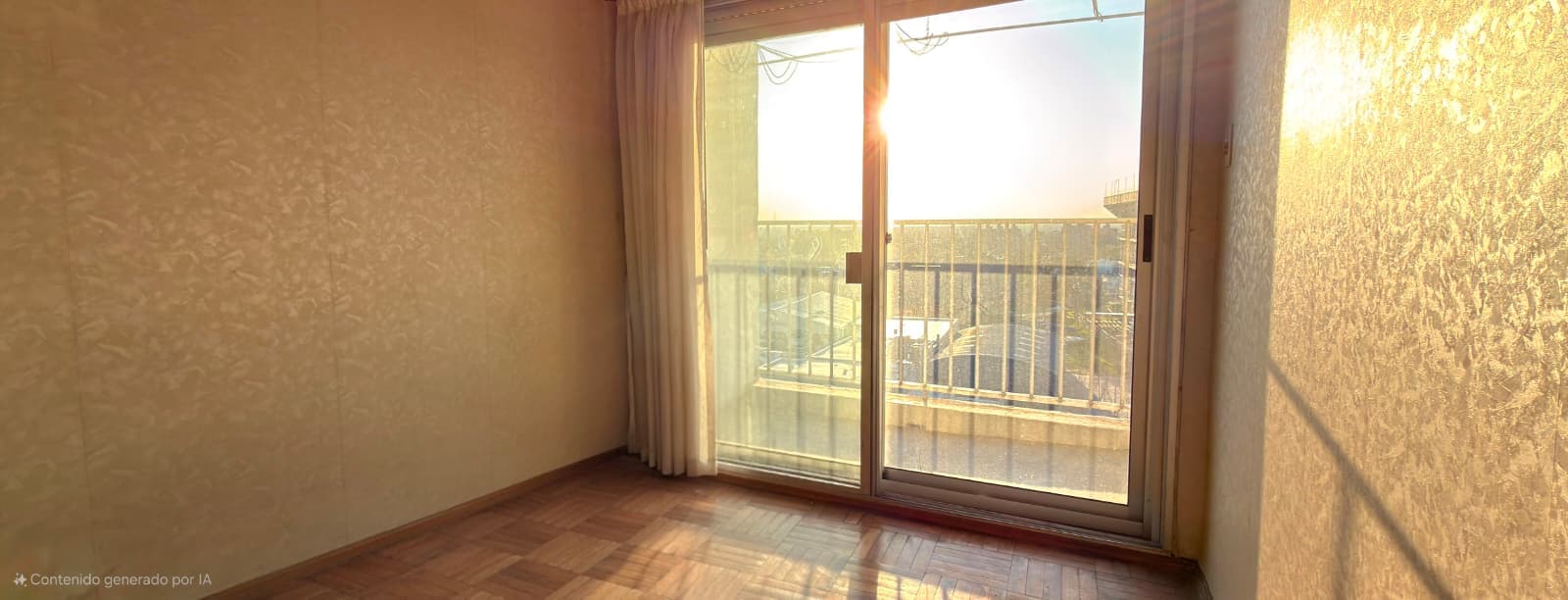# Property Image Description
This is a bright bedroom or living space featuring warm wooden flooring and textured beige wallpaper throughout. The room is flooded with natural light from large glass sliding doors that open onto a balcony with metal railings, offering expansive views of the surrounding area. Sheer curtains frame the doors, and the space appears clean and well-maintained with excellent natural illumination during daytime hours.
*Contenido generado por IA*