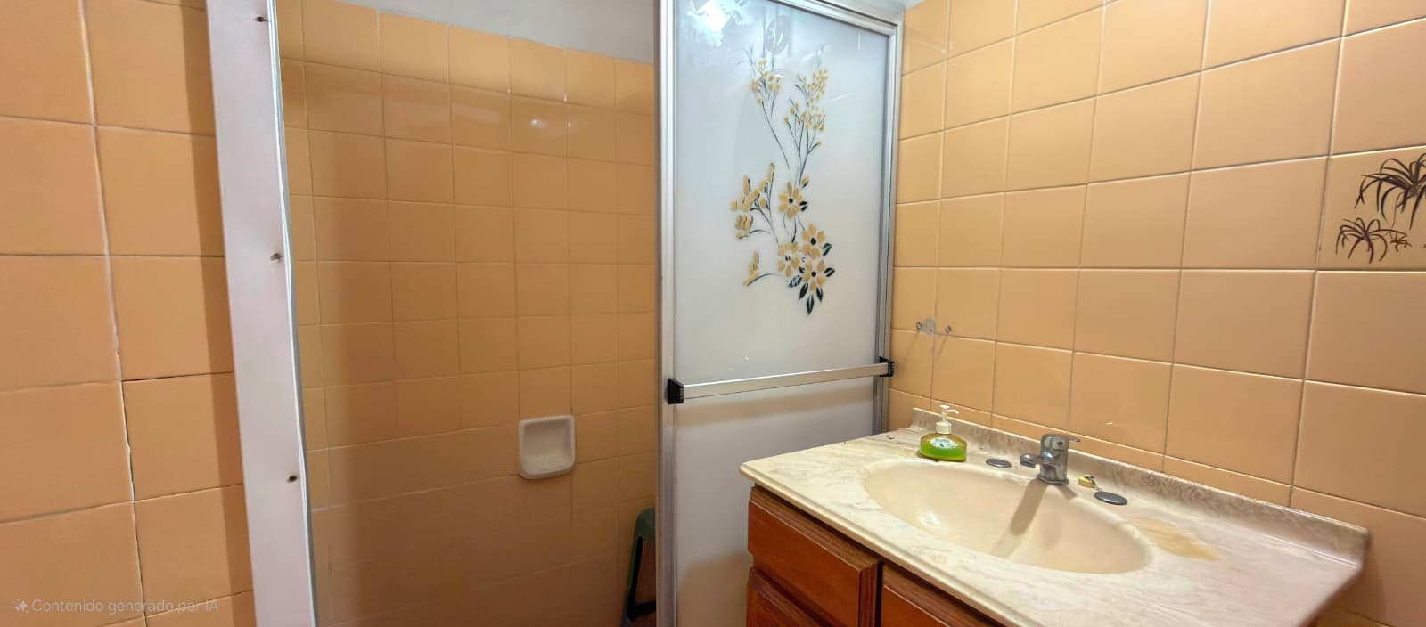 # Bathroom Description
This bathroom features warm peachy-orange ceramic tile walls in good condition, creating a cohesive aesthetic throughout the space. The room includes a vanity with a white marble countertop, single sink with chrome fixtures, and a shower enclosure with decorative frosted glass panel featuring floral artwork. Storage and functional fixtures are present, with decorative wall accents adding visual interest to the tiled surfaces.
WATERMARK: Contenido generado por IA