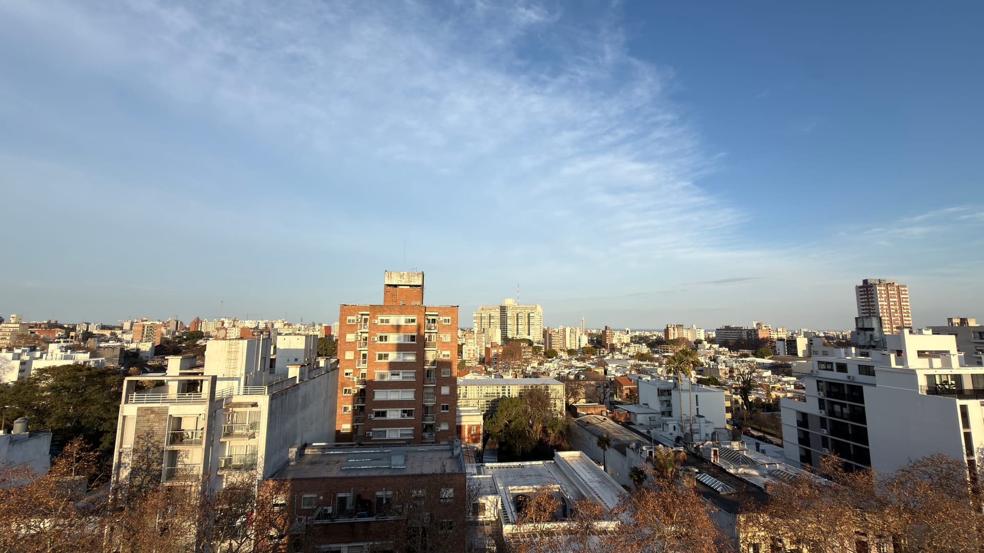 # Property Image Description
**Exterior/City View:** This image captures an expansive cityscape view from an elevated vantage point, showcasing a dense urban residential neighborhood with a mix of mid-rise apartment buildings, modern white structures, and older brick buildings. The clear blue sky with light cloud cover provides excellent visibility across the sprawling metropolitan area, with numerous buildings visible extending to the horizon. The foreground shows autumn foliage and rooftop elements, indicating this view is likely from a high-floor unit or rooftop area of a residential building.